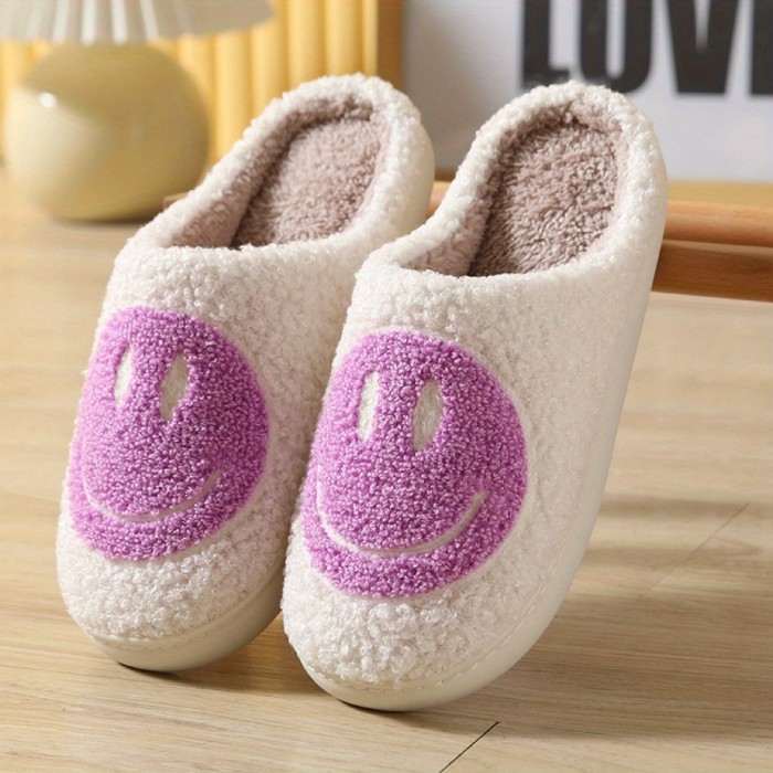 Kawaii Design Smiling Face Slippers, Warm Slip On Soft Plush Cozy Shoes, Women's Indoor Home Slippers