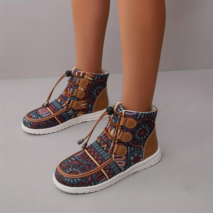 Women's Tribal Pattern Ankle Boots, Casual Round Toe High Top Flat Shoes, Comfortable Drawstring Short Boots