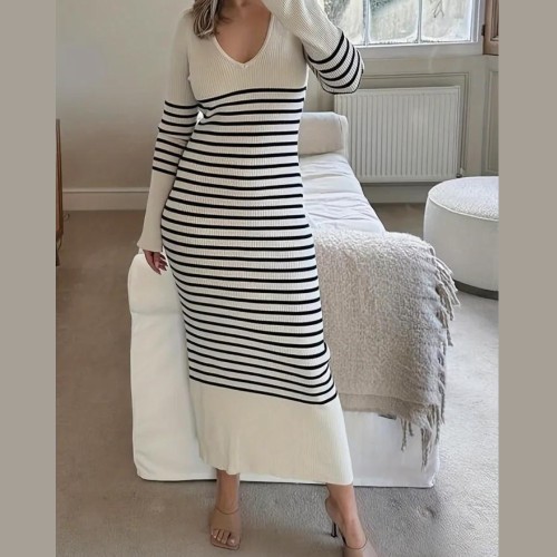 Striped Knitted Midi Dress, Elegant V Neck Long Sleeve Dress, Women's Clothing