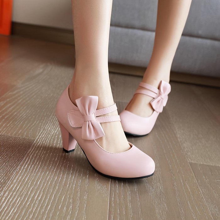Pink Round Toe Pumps Lolita Kitten Heels, Bowknot Ankle Straps PU Leather Fashion Dance Work Dress Chunky Shoes, Women's Footwear