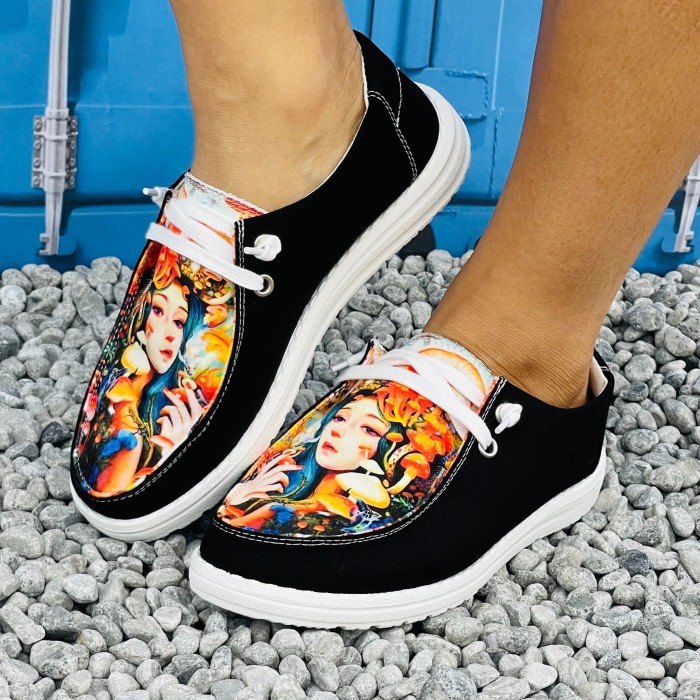 Women's Cartoon Beauty Pattern Loafers, Slip On Soft Sole Flat Comfy Canvas Shoes, Lightweight Low-top Daily Shoes
