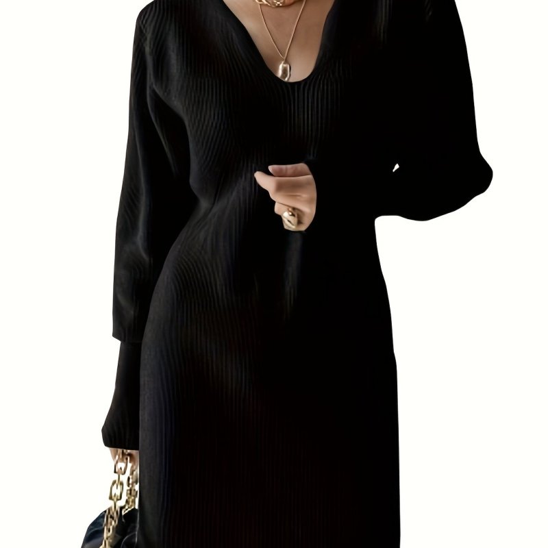Solid V Neck Sweater Dress, Casual Long Sleeve Slim Dress For Fall & Winter, Women's Clothing