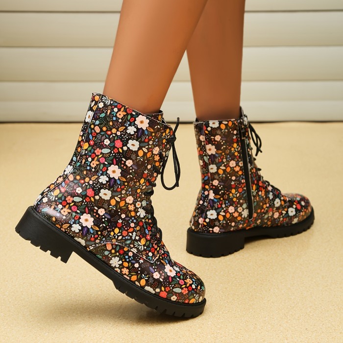 Women's Floral Pattern Combat Boots, Fashion Round Toe Lace Up Short Boots, Comfort Side Zipper Ankle Boots