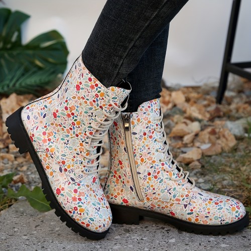Women's Floral Pattern Combat Boots, Fashion Round Toe Lace Up Short Boots, Comfort Side Zipper Ankle Boots