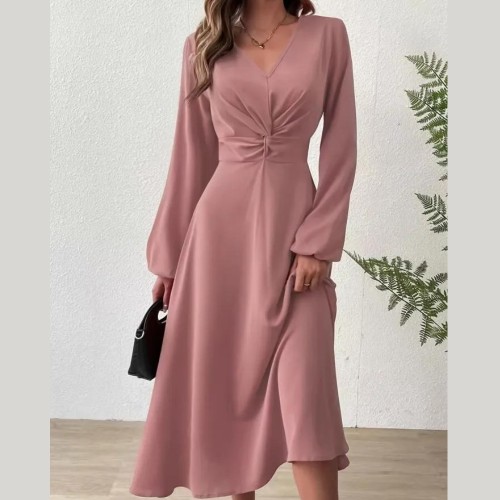 Twist Front Lantern Sleeve Dress, Chic V Neck A-line Dress For Spring & Fall, Women's Clothing