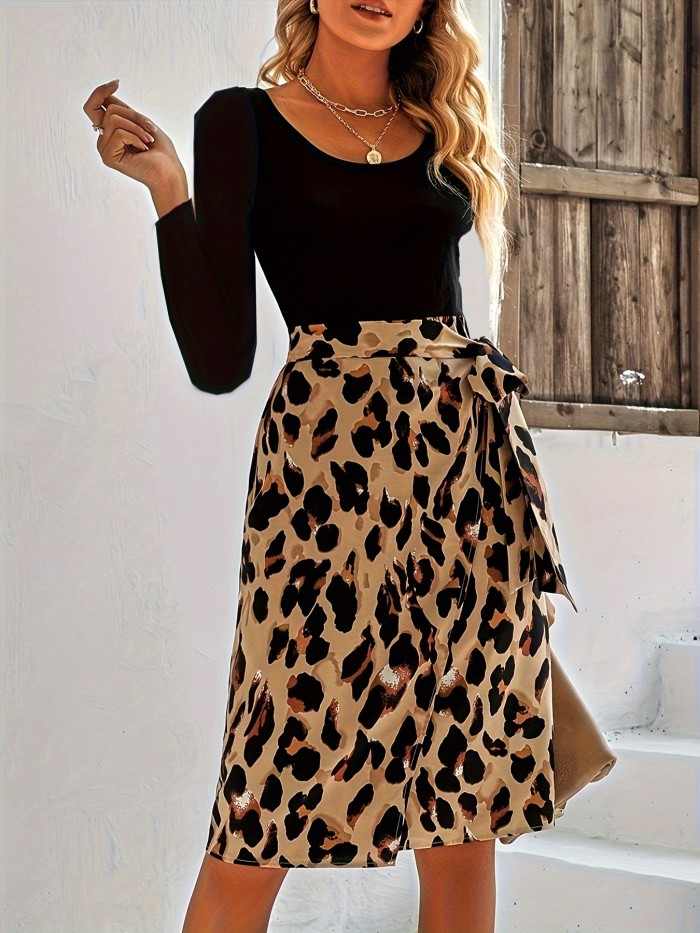 Leopard Print Long Sleeve Dress, Casual Tie-waist Crew Neck Dress For Spring & Fall, Women's Clothing