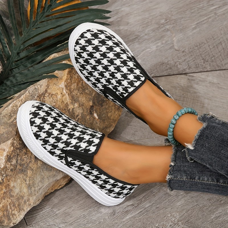 Women's Houndstooth Pattern Canvas Shoes, Casual Slip On Flat Shoes, Lightweight & Comfortable Shoes