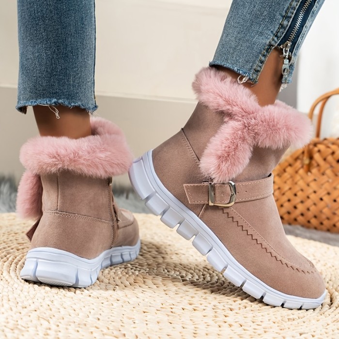 Winter Thermal Insulated Snow Boots, Warm Plush Lined Ankle Boots, Fluffy Trim Side Zipper Boots, Women's Footwear