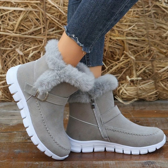 Winter Thermal Insulated Snow Boots, Warm Plush Lined Ankle Boots, Fluffy Trim Side Zipper Boots, Women's Footwear