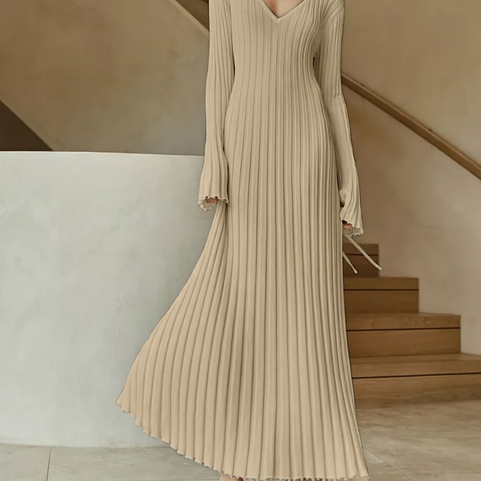 Pleated Solid Maxi Dress, Casual V Neck Long Sleeve Dress, Women's Clothing