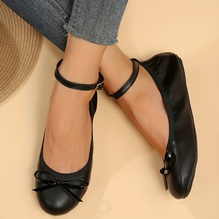 Women's Bowknot Decor Flat Shoes, Casual Solid Color Buckle Strap Shoes, Lightweight & Comfortable Shoes