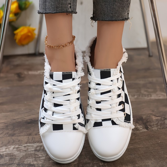 Women's Checkerboard Pattern Shoes, Lace Up Lightweight Flat Canvas Shoes, Versatile Low-top Skate Shoes