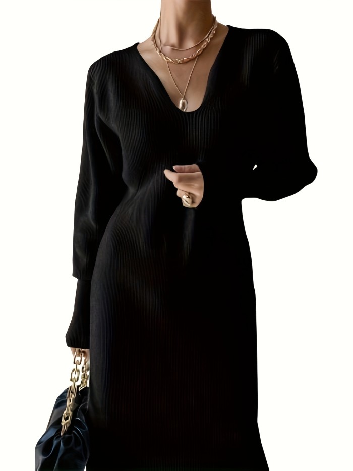 Solid V Neck Sweater Dress, Casual Long Sleeve Slim Dress For Fall & Winter, Women's Clothing