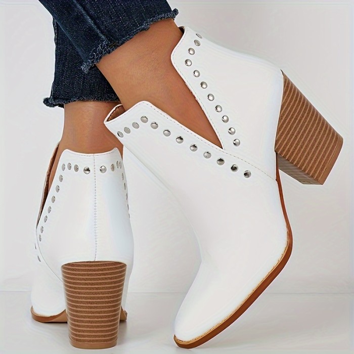 Women's Metal Beads Decor Block Heeled Boots, Fashion Cutout Design Short Boots, Comfortable Ankle Boots