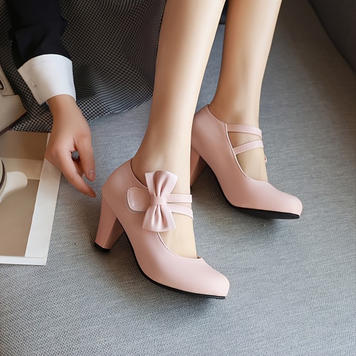 Pink Round Toe Pumps Lolita Kitten Heels, Bowknot Ankle Straps PU Leather Fashion Dance Work Dress Chunky Shoes, Women's Footwear
