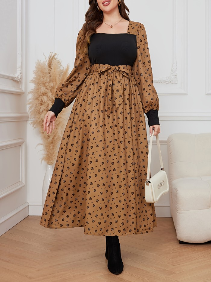 Floral Print Splicing Dress, Casual Squared Neck Long Sleeve Maxi Dress, Women's Clothing