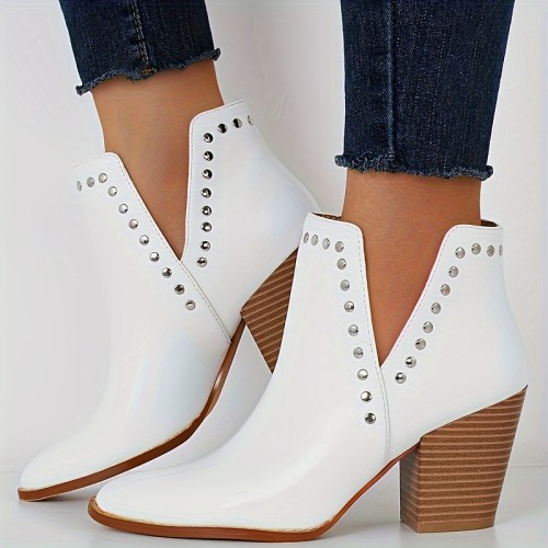 Women's Metal Beads Decor Block Heeled Boots, Fashion Cutout Design Short Boots, Comfortable Ankle Boots