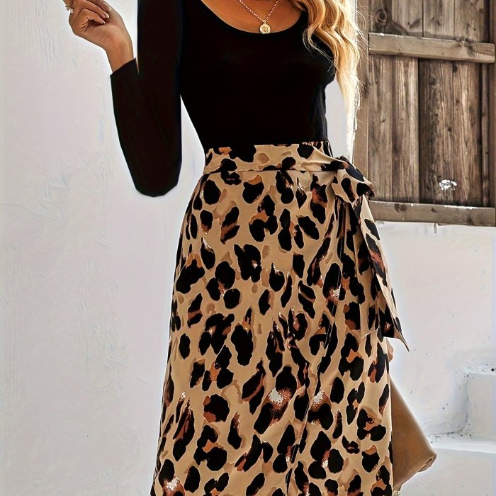 Leopard Print Long Sleeve Dress, Casual Tie-waist Crew Neck Dress For Spring & Fall, Women's Clothing