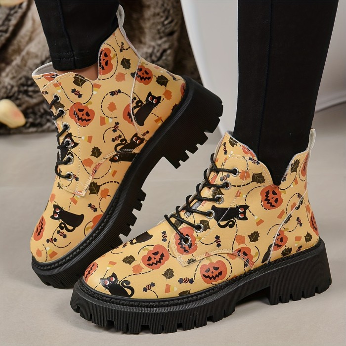 Women's Pumpkin & Cat Pattern Short Boots, Fashion Lace Up Ankle Boots, Stylish Platform Halloween Boots