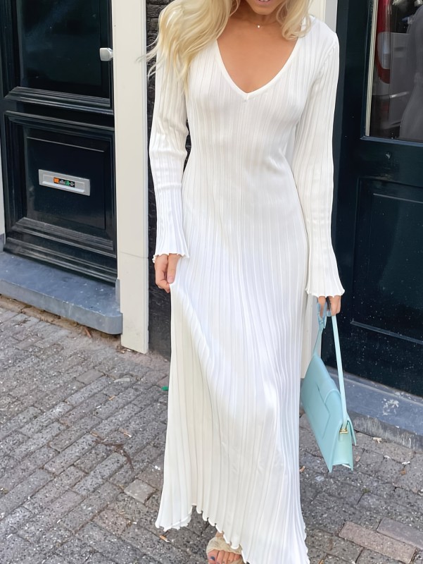 Pleated Solid Maxi Dress, Casual V Neck Long Sleeve Dress, Women's Clothing
