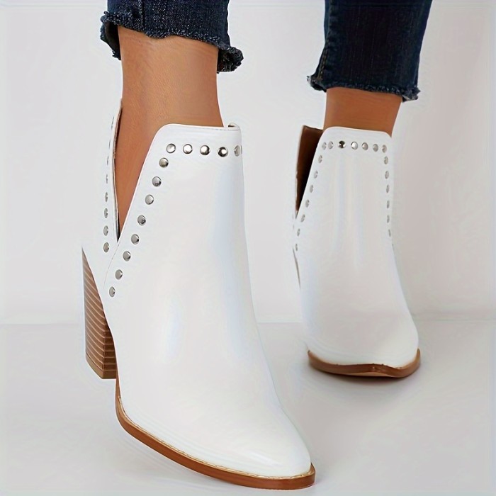 Women's Metal Beads Decor Block Heeled Boots, Fashion Cutout Design Short Boots, Comfortable Ankle Boots