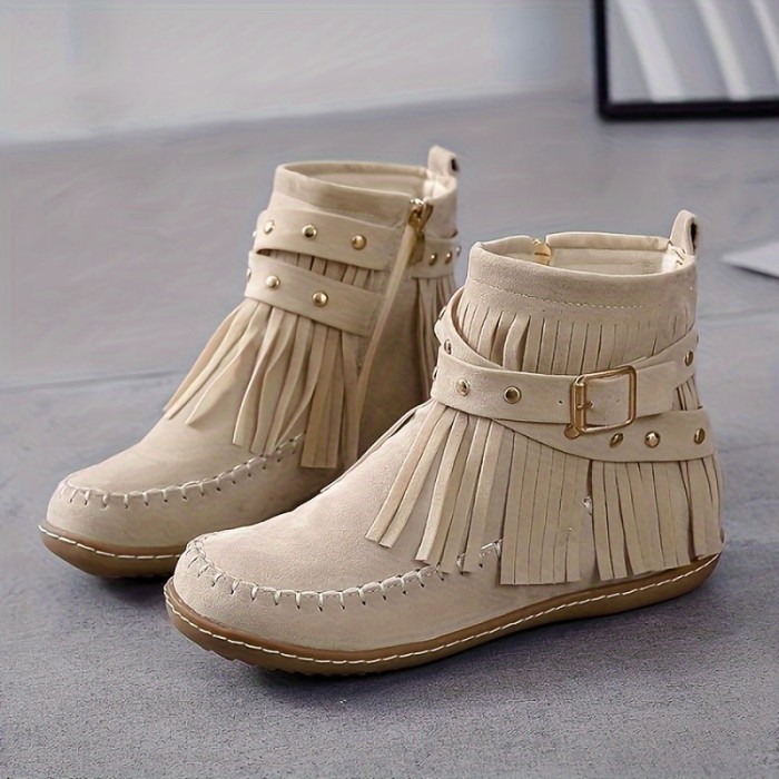 Women's Solid Color Winter Boots, Tassel Decor Soft Sole Platform Buckle Belt Boots, Plush Round Toe Ankle Boots