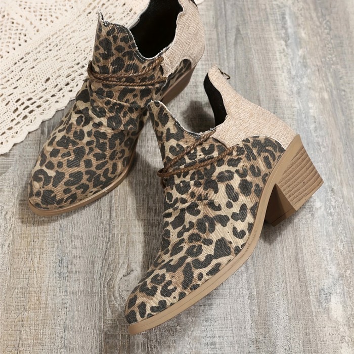 Women's Leopard Print Ankle Boots, Retro Chunky Heeled Back Zipper Shoes, Fashion Low Heeled Short Boots