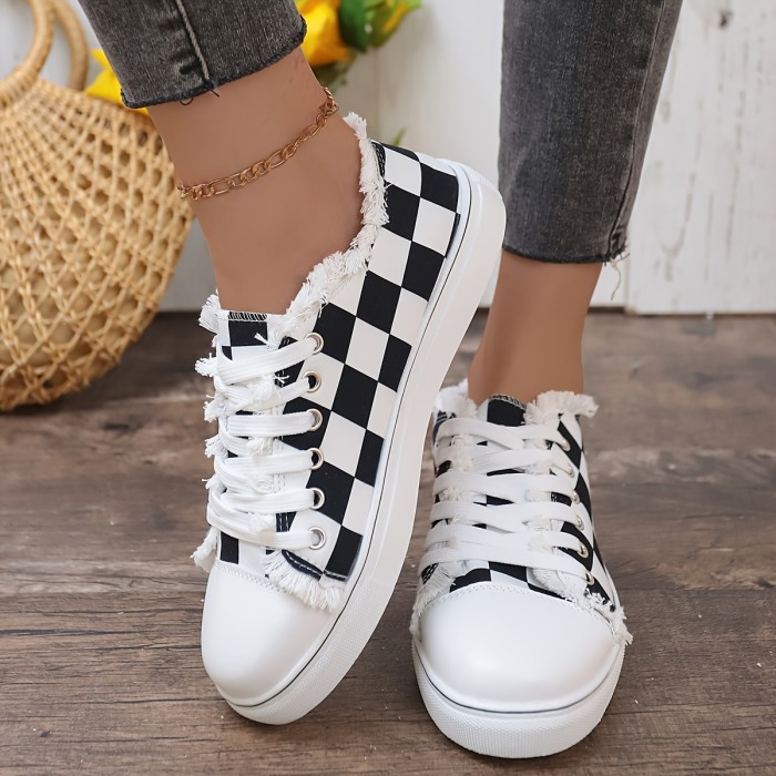 Women's Checkerboard Pattern Shoes, Lace Up Lightweight Flat Canvas Shoes, Versatile Low-top Skate Shoes