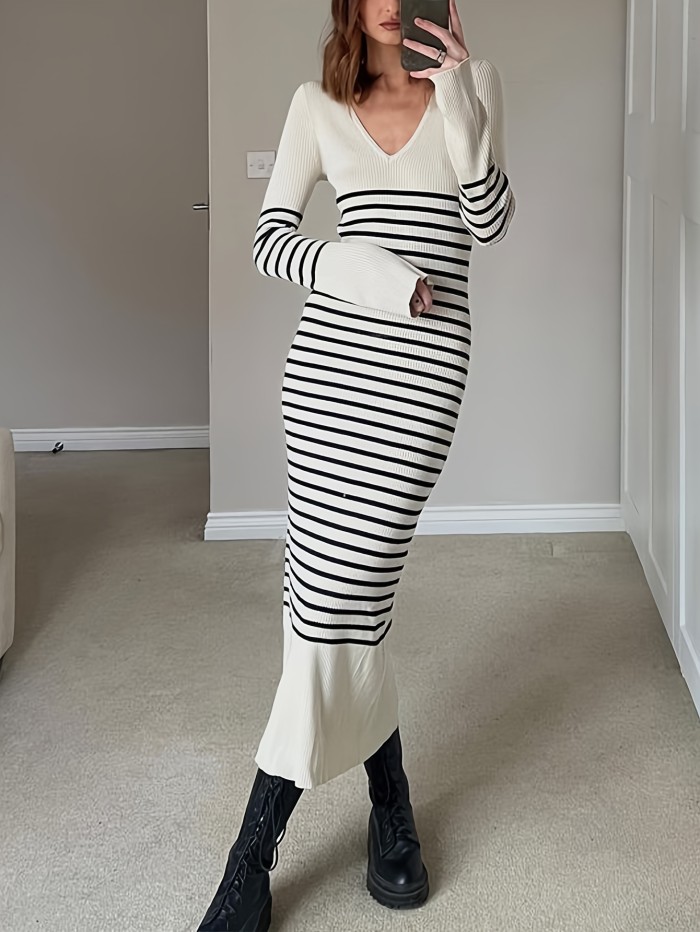 Striped Knitted Midi Dress, Elegant V Neck Long Sleeve Dress, Women's Clothing