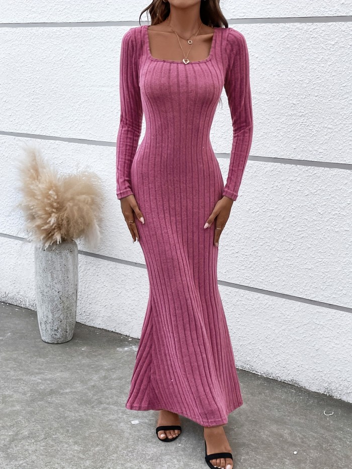 Ribbed Knit Long Sleeve Dress, Casual Square Neck Trumpet Dress For Fall & Winter, Women's Clothing