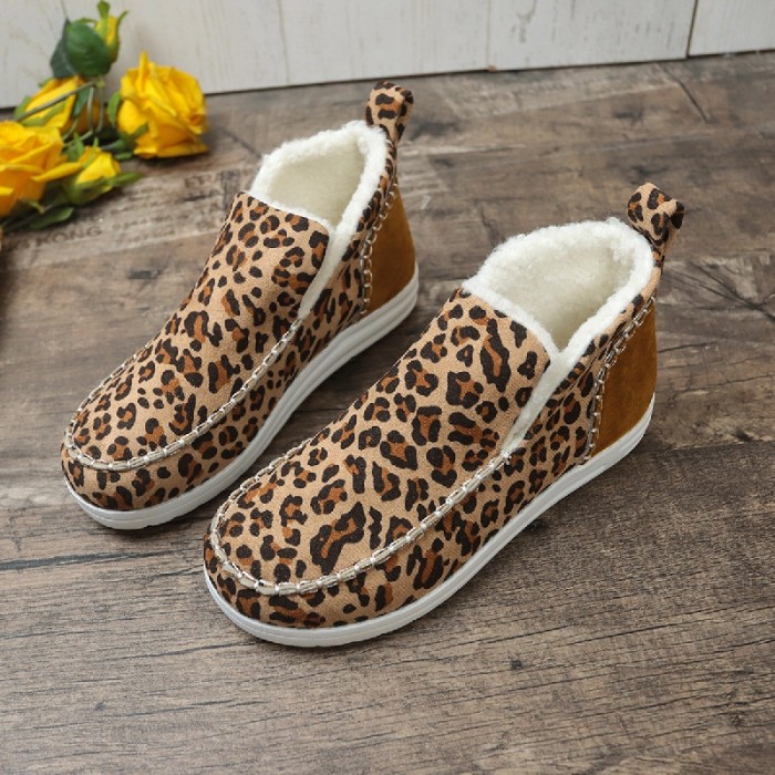Women's Leopard Pattern Flat Boots, Comfortable Round Toe Plush Lined Snow Boots, Winter Warm Slip On Ankle Boots