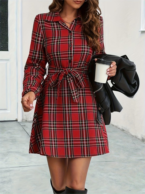 Plaid Print Shirt Dress, Elegant Button Front Long Sleeve Dress, Women's Clothing