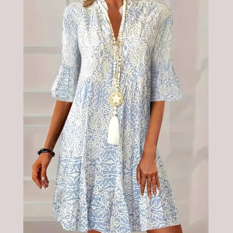 Mandala Print Flared Sleeve Dress, Casual Notch Neck Dress For Spring & Summer, Women's Clothing