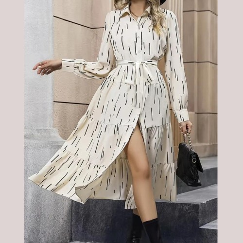 Allover Print Button Front Shirt Dress, Casual Long Sleeve Tie-waist Lapel Dress For Spring & Fall, Women's Clothing