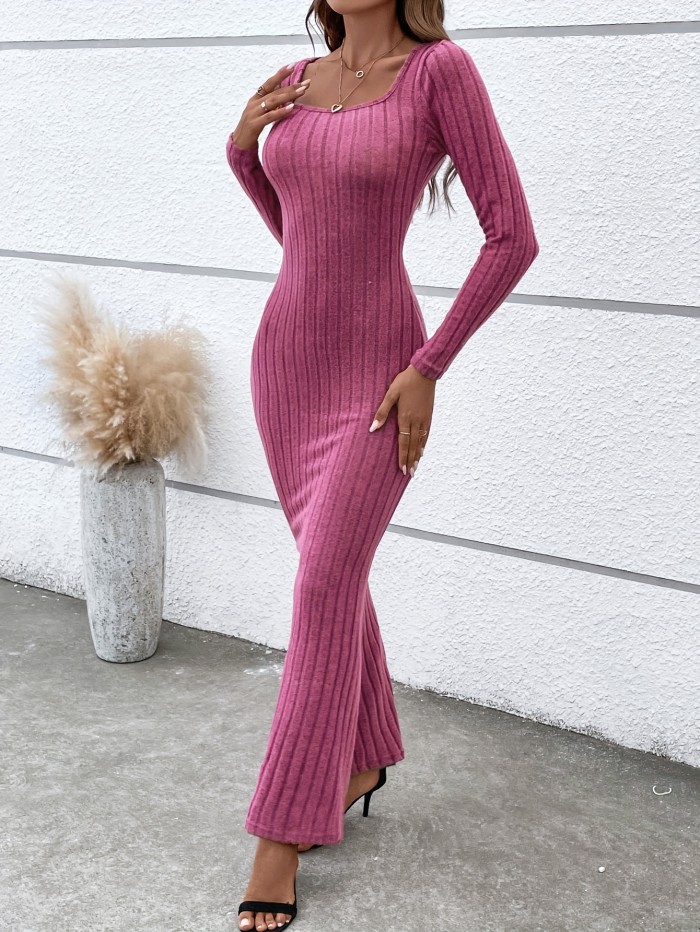 Ribbed Knit Long Sleeve Dress, Casual Square Neck Trumpet Dress For Fall & Winter, Women's Clothing
