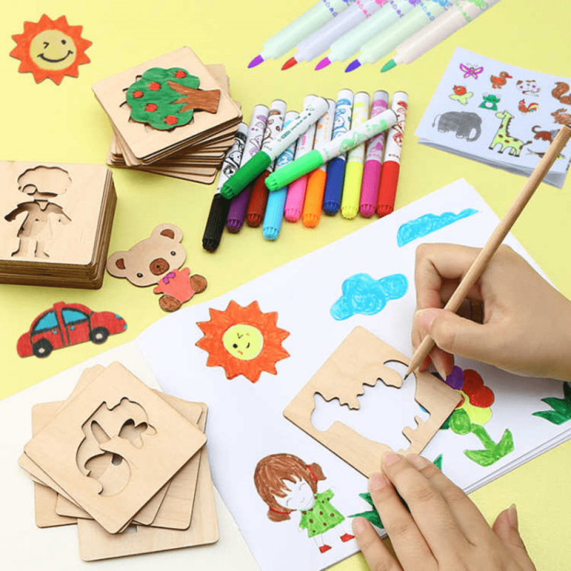 20pcs Montessori Drawing  Wooden DIY Painting Template Stencils