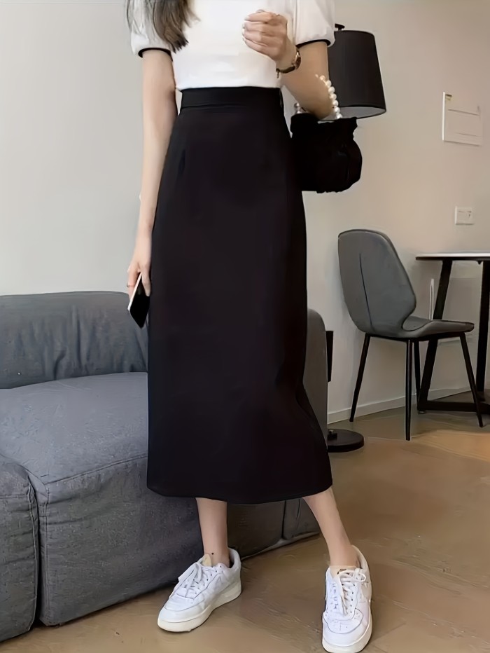 Solid Color High Waist Skirt, Casual Back Vent Skirt, Women's Clothing