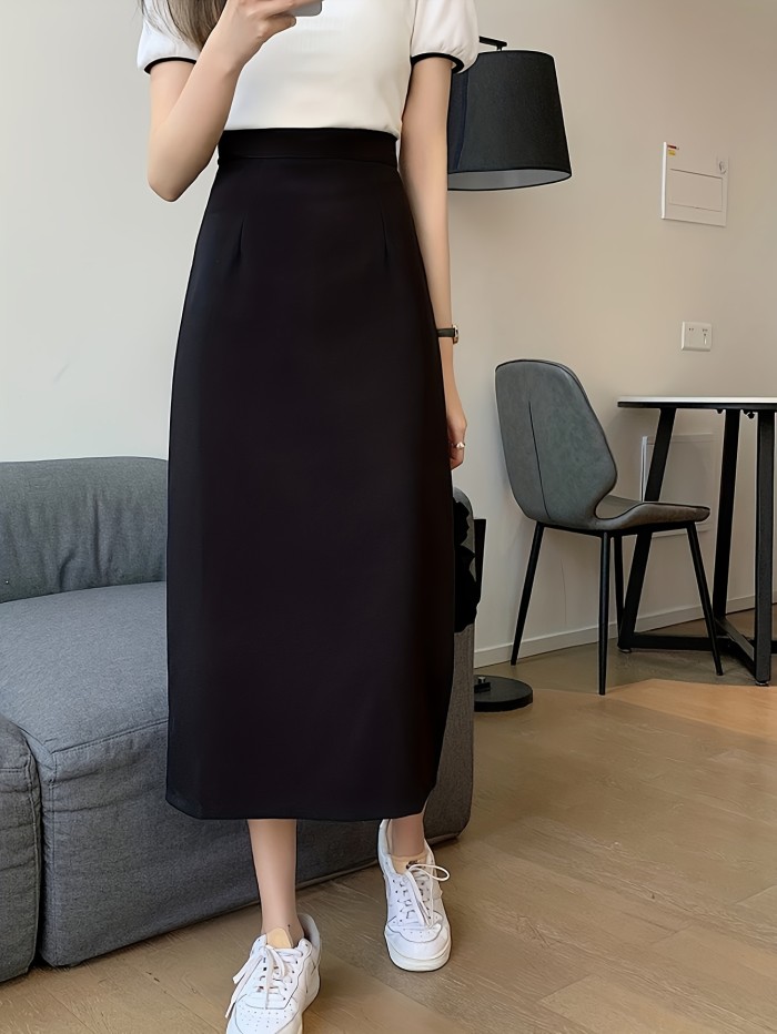 Solid Color High Waist Skirt, Casual Back Vent Skirt, Women's Clothing