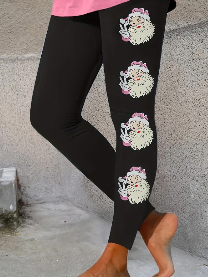 Plus Size Christmas Cute Leggings, Women's Plus Santa Claus Print Medium Stretch Skinny Leggings