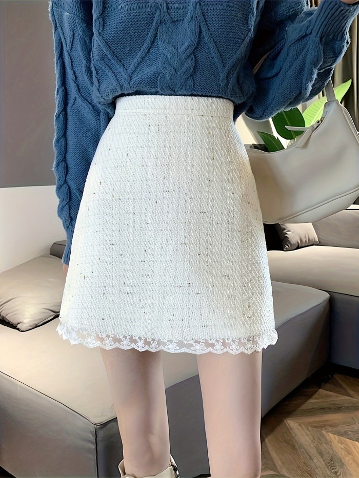Lace Stitching Aline Skirt, Elegant High Waist Skirt For Spring & Fall, Women's Clothing