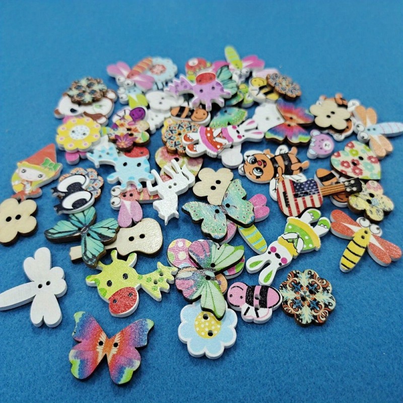 30pcs, Mixed Random Cartoon Wooden Buttons For Children's Clothing Accessories DIY Production Materials