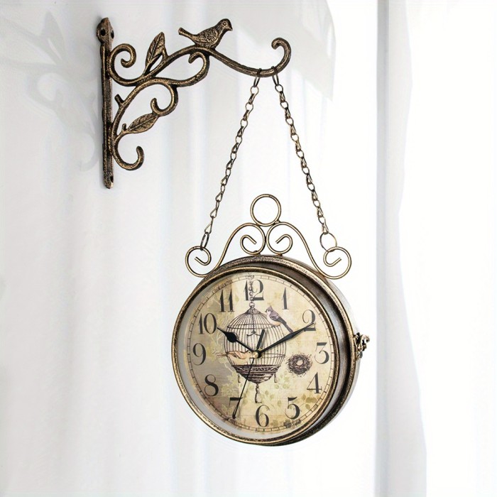 1pc, Double Sided Wall Clock Iron Art Clock Living Room Retro Clock Metal Round Battery Powered Silent Clock, Photo Props, Outdoor Decor
