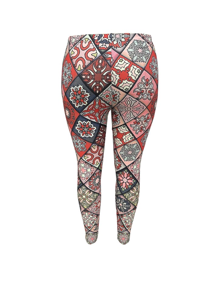 Plus Size Retro Leggings, Women's Plus Mandala Print Medium Stretch Skinny Leggings