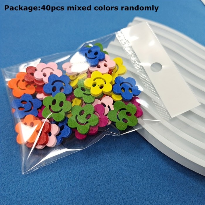 40pcs, Mixed Color 1.9CM\u002F0.75inch Flower Shape Two Eyes  Wooden Buttons For Children's Clothing Sewing Accessories DIY Supplies, DIY Clothing Decoration, Jute Ribbon Rope Cord DIY Wedding Jute Twine Crafts Gift Party Decor