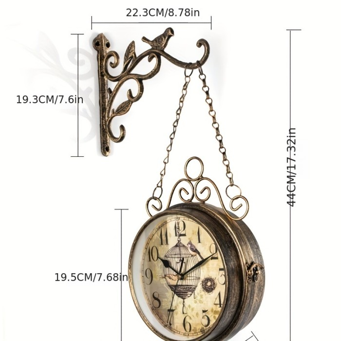 1pc, Double Sided Wall Clock Iron Art Clock Living Room Retro Clock Metal Round Battery Powered Silent Clock, Photo Props, Outdoor Decor