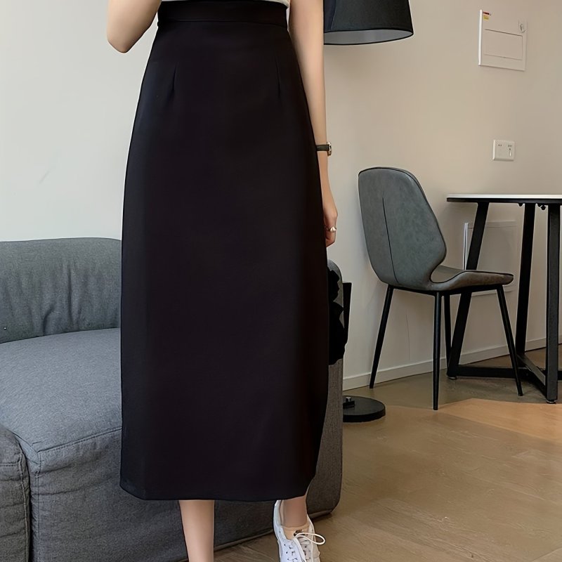 Solid Color High Waist Skirt, Casual Back Vent Skirt, Women's Clothing