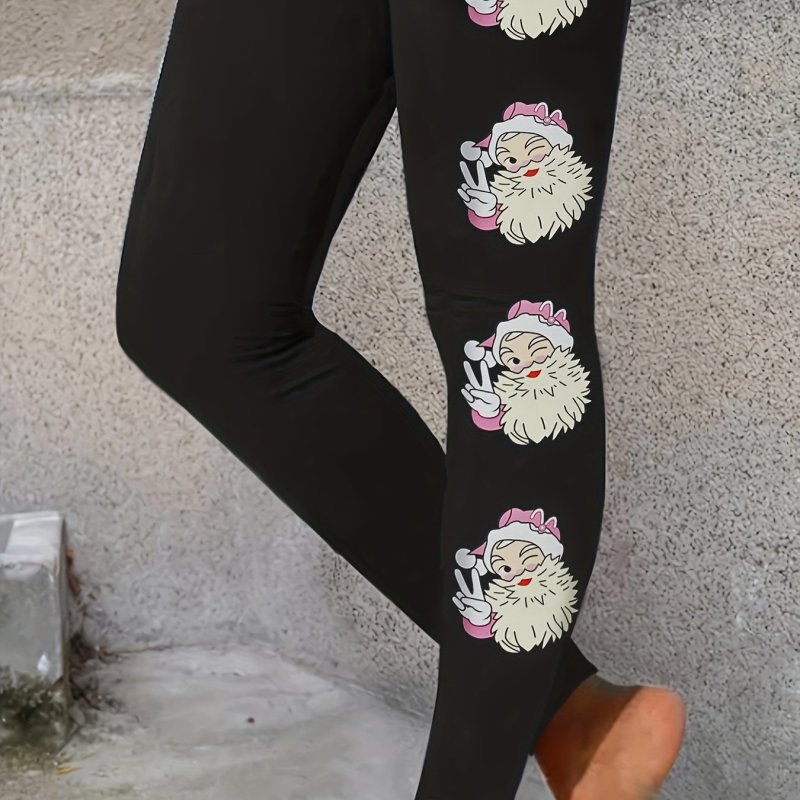 Plus Size Christmas Cute Leggings, Women's Plus Santa Claus Print Medium Stretch Skinny Leggings