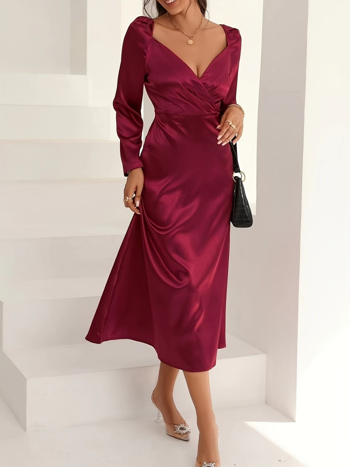 Surplice Neck Solid Midi Dress, Elegant Long Sleeve Party Dress, Women's Clothing