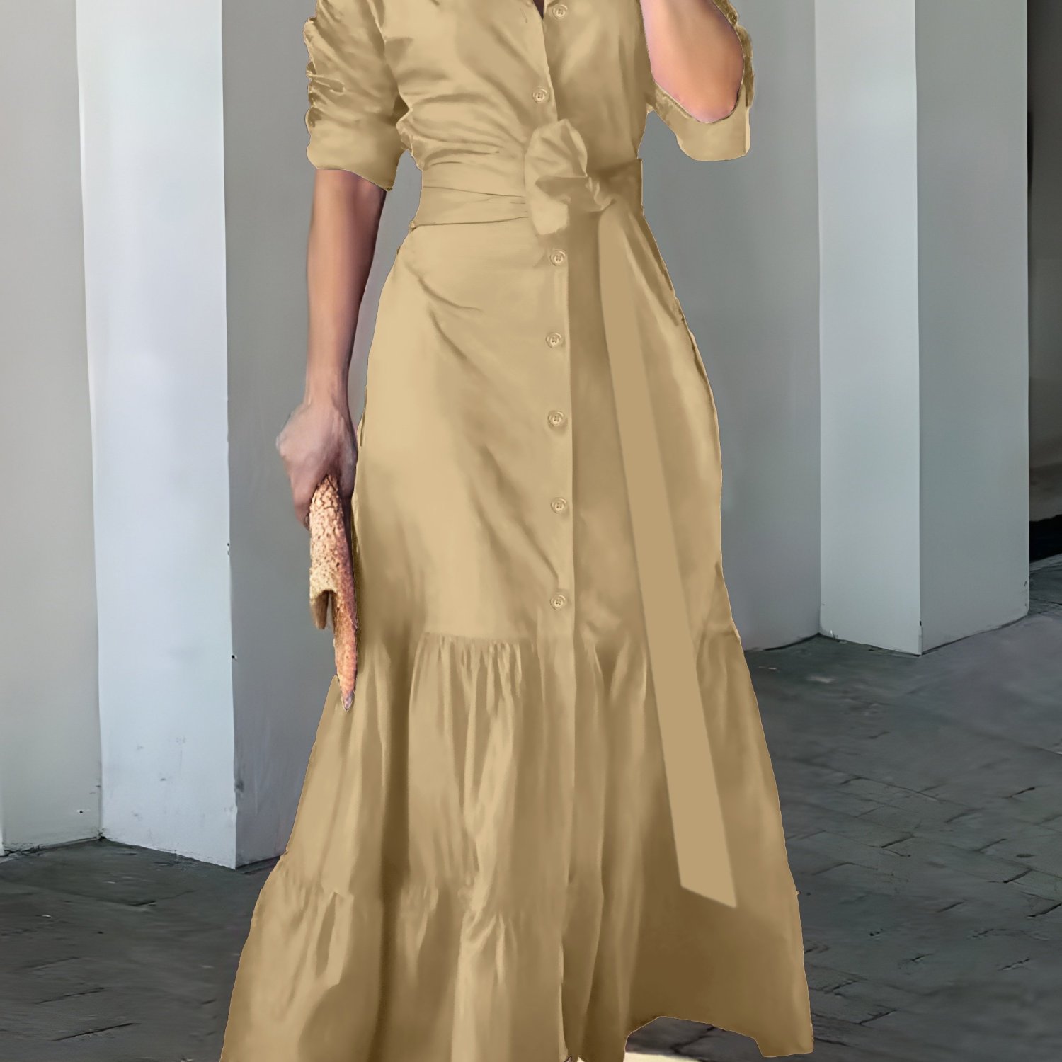 Long-Sleeve Collared Button-Front Belted Maxi Dress main image 1