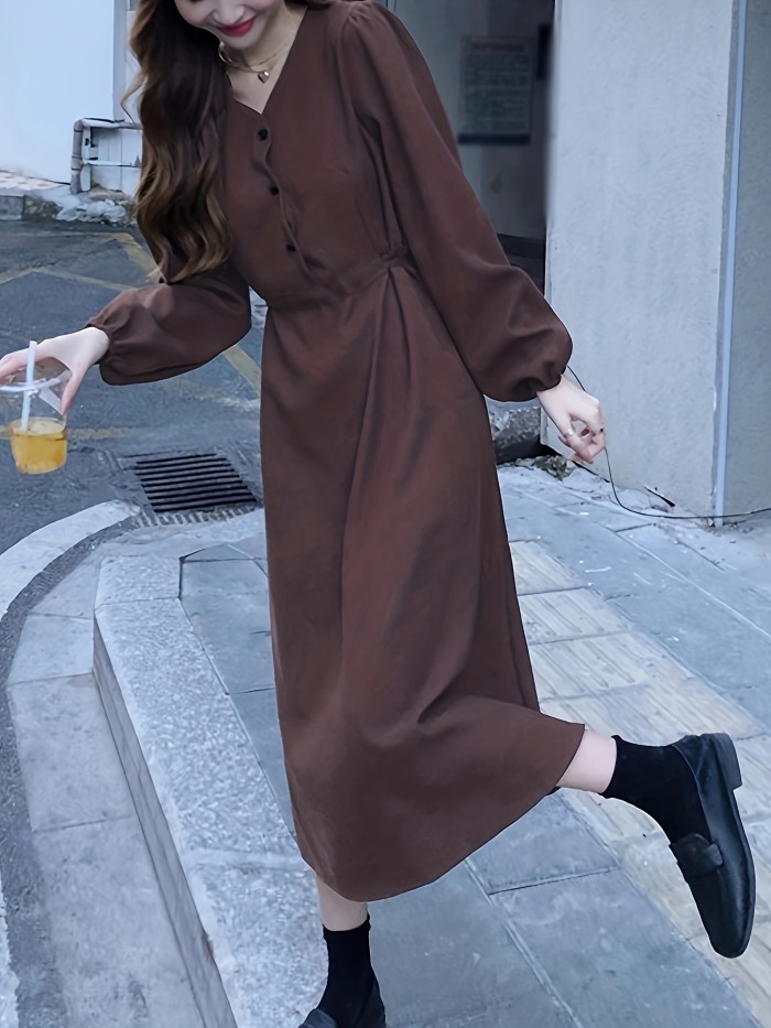 Half Button Solid Midi Dress, Casual V Neck Long Sleeve Dress, Women's Clothing